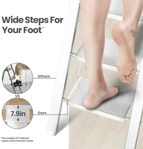 6 Step Ladder, Folding Step Stool with Handgrip and Anti-Slip Wide Pedal, Portable Lightweight Aluminum Stepladder for Kitchen, Home, Library, Office (300 lbs Capacity) - White