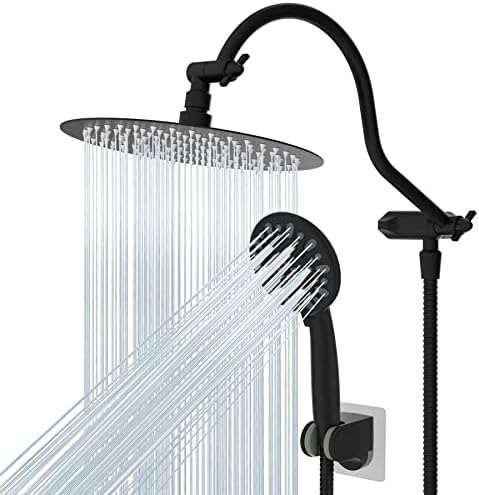 Hibbent All Metal Shower Head, 10'' High Pressure Rainfall Shower Head, Handheld Showerhead Combo, 12'' Adjustable Curved Extension Arm, 7 Sprays, 71'' Shower Hose, Showerhead Holder, Matte Black