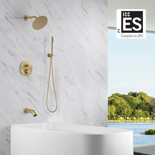 SUMERAIN Shower System with Tub Spout and Handheld Shower, Brass Rain Shower Tub Set with 8 Inches Shower Head and Rough in Valve Brushed Gold