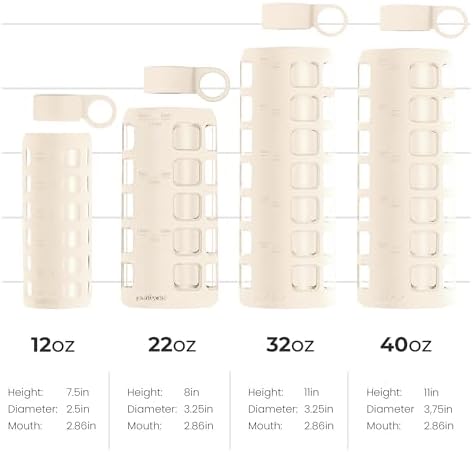 purifyou 40/32/22/12 oz Borosilicate Glass Water Bottles with Volume Markers, Silicone Sleeve, Stainless Steel Lid, Reusable Bottle for Water, Juice, Gym, and Fridge Storage (32oz Pearled Ivory)