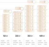 purifyou 40/32/22/12 oz Borosilicate Glass Water Bottles with Volume Markers, Silicone Sleeve, Stainless Steel Lid, Reusable Bottle for Water, Juice, Gym, and Fridge Storage (32oz Pearled Ivory)