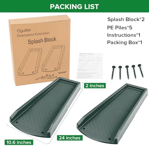 Splash Blocks for Gutters Downspouts, 24" Downspout Extensions for Rain Water Drainage, Thickened Gutter Splash Guard with Fixing Piles(2 Pack, Green)