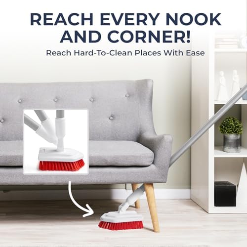 Shower Scrubber with Long Handle, Stiff Bristles Grout-Brush, Tub Scrub-Brush with Long-Handle, Shower-Cleaner Brush, Grout Cleaning Brush for Tile floors, Scouring Pad & Microfiber Cloth for Bathroom