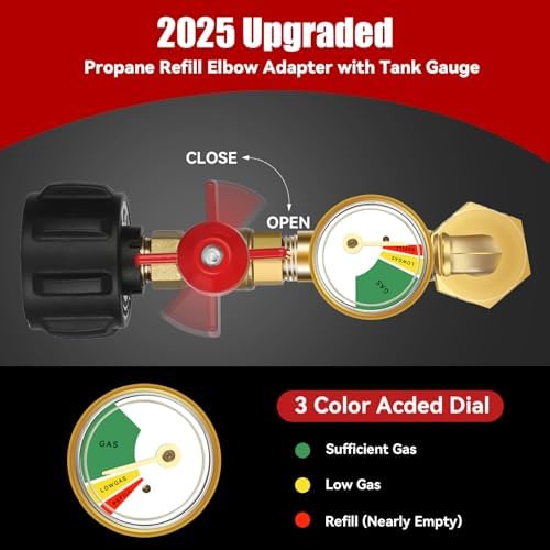 Propane Refill Adapter for 1 Lb. Tanks, 2025 Upgraded Propane Refill Elbow Adapter with Tank Gauge and Valve Control, Propane Adapter 20lb to 1lb Converter fits QCC1 /POL-Type 1 Propane Tank