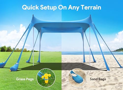 Osoeri Beach Tent, Camping Sun Shelter UPF50+ with 8 Sandbags, Sand Shovels, Ground Pegs & Stability Poles, Outdoor Shade Beach Canopy for Camping Trips, Fishing, Backyard Fun or Picnics