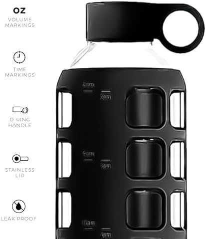 purifyou 40/32 / 22/12 oz Glass Water Bottles with Volume & Times to Drink, Extra Thick Silicone Sleeve, Reusable Bottle for Fridge Water, Milk, Juice (32oz Jet Black)