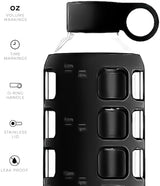 purifyou 40/32 / 22/12 oz Glass Water Bottles with Volume & Times to Drink, Extra Thick Silicone Sleeve, Reusable Bottle for Fridge Water, Milk, Juice (32oz Jet Black)