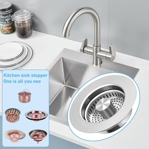 3-in-1 Kitchen Sink Drain Strainer & Stopper, Stainless Steel Food Catcher Plug with Filter Basket, Fits 3-1/2 Inch Drain Hole, Universal Sink Protector Cover, Anti-Clogging, Silver