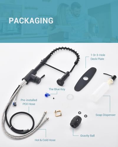APPASO Black Kitchen Faucet with Soap Dispenser and Pull Down Sprayer, SUS304 Stainless Steel Commercial Single-Handle Spring Faucet for Kitchen Sink, Matte Black