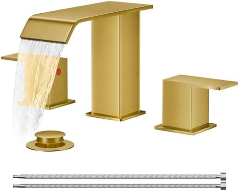 FORIOUS Brushed Gold Bathroom Sink Faucets 3 Hole Widespread, 2 Handles Bathroom Faucet with Pop-up Drain and Flexible Hot and Cold Water Hoses, Suitable for Vanity RV Restroom