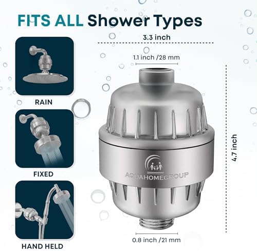 AquaHomeGroup 20 Stage Shower Head Filter with Vitamin C E A for Hard Water - High Output Filter to Remove Chlorine and Fluoride - 2 Replacement Cartridges - Consistent Flow Showerhead Filter