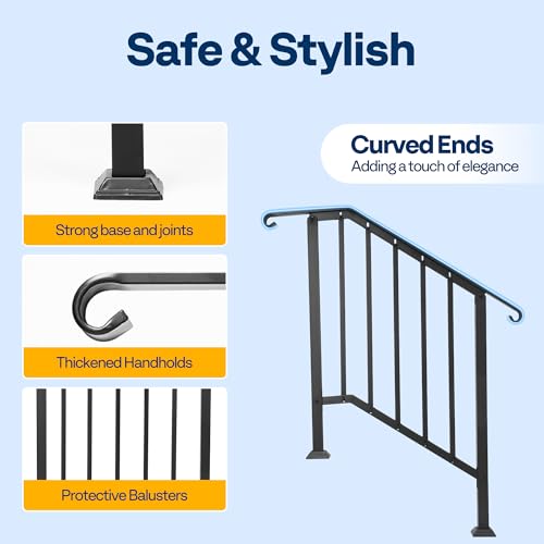 VIVOHOME 2-Pack Wrought Iron Hand Rails for Outdoor Steps – 27.1" Curved Ends and Safety Balusters Exterior Railing Kit for Porch, Deck, or Indoor Stairs (3-Step, Black)