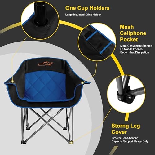FAIR WIND Oversized Padded Camping Chair Heavy Duty Quad Fold Arm Chair Portable for Outdoor - Support 450LBS, Blue
