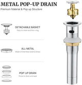 Pop up Sink Drain Stopper for Bathroom Vessel Vanity Sink Art Basin Chrome, Small Cap with Overflow, Metal Pop-up Drain Strainer with Detachable Basket Stopper