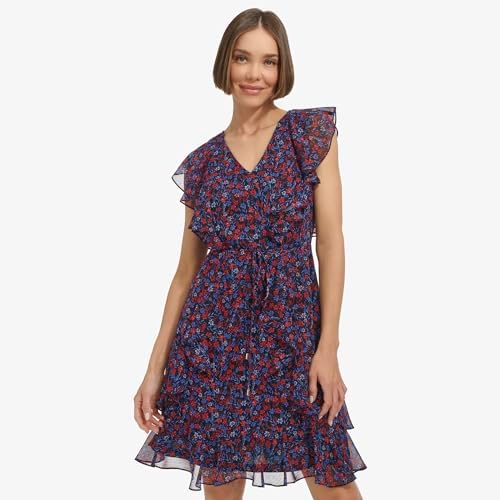 Tommy Hilfiger Women's Ruffle Trim Tie Waist Chiffon Mini Dress