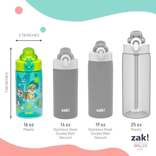 Zak Designs PAW Patrol Sage Kids Water Bottle For School or Travel, 16oz Durable Plastic Water Bottle With Straw, Handle, and Leak-Proof, Pop-Up Spout Cover, 2-Pack Set Chase & Friends