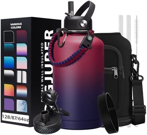 64OZ Vacuum Insulated Water Bottle - Keep Hot Cold Vacuum Flasks with Straw & Spout Lids, Paracord Handle, Water Bottler Carrier Holder & Protective Cup Mat, 1.8L Stainless Steel Water Jug