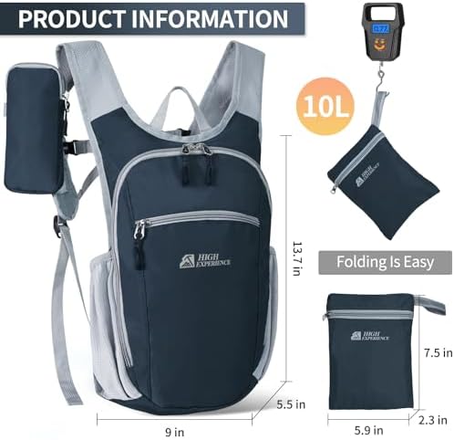 Hiking Backpack 10L/15L Small Daypack Lightweight Packable Travel Foldable Water Resistan for Women Men (Gray, 10L)