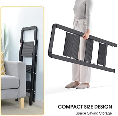 KINGRACK Aluminium 3 Step Ladder, Lightweight Step Stool with Non-Slip Pedals, Handrail, 330 LBS Foldable Step Ladder for Kitchen, Garage, Home, Space Saving, Sturdy and Portable, Black