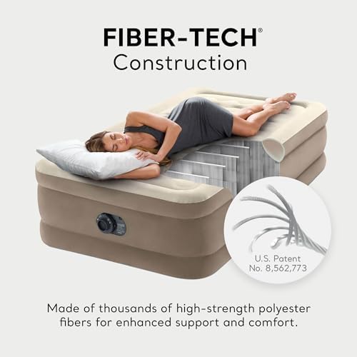 Intex Dura-Beam Deluxe Ultra Plush Air Mattress : Fiber-Tech – Built-in Electric Pump – 18in Bed Height – 300lb Weight Capacity – Twin Size