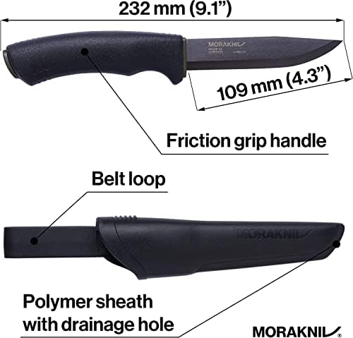 Morakniv Carbon Steel Fixed-Blade Bushcraft Knife with Sheath, Black, 4.3 Inch