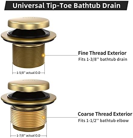 All Metal Tip-Toe Bathtub Drain Kit with Two-Hole Overflow Faceplate and Universal Fine/Coarse Thread Assembly, Bath Tub Drain Kit fits All Bathtub -Brushed Gold