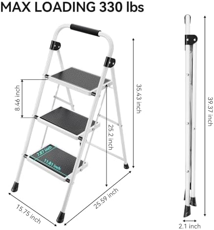 Step Ladder, Folding Step Stool with Wide Anti-Slip Pedal, Sturdy Steel Ladder, Convenient Handrail, Lightweight, Portable Steel Step Stool