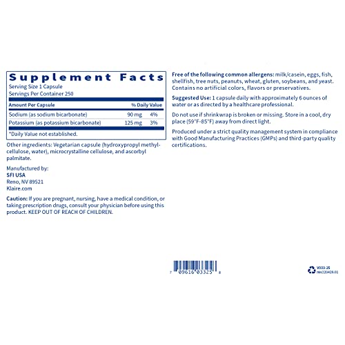 Klaire Labs Sodium Bicarbonate & Potassium Bicarbonate Supplement - Key Components That Help Maintain Healthy pH (Acid/Base) Balance - Gastrointestinal Support - Bi-Carb Formula (250 Capsules)