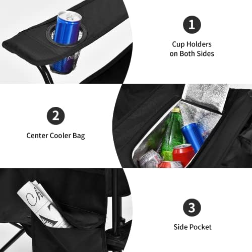 ReunionG Double Folding Camping Chairs, Portable Beach Chairs with Removable Umbrella & Mini Table Carrying Bag, Outdoor Lawn Chairs for Picnic, Patio, Pool, Park (Black)