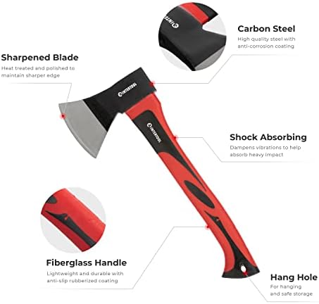 INTERTOOL Hatchet for Chopping Wood and kindling - Small Hand Axe for Camping Firewood - 15” Survival Ax - with Shock-Absorbing Fiberglass Anti-Slip Handle HT-0261