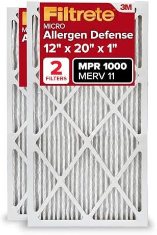 Filtrete 12x20x1 AC Furnace Air Filter, MERV 11, MPR 1000, Micro Allergen Defense, 3-Month Pleated 1-Inch Electrostatic Air Cleaning Filter, 2 Pack (Actual Size 11.81x19.81x0.81 in)