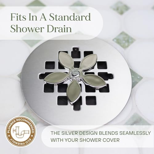 DrainWig Shower Drain Hair Catcher – Disposable Silver Flower (4-Pack) – No-Touch Hair Removal for Flat Shower Drains – As Seen on Shark Tank