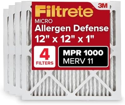Filtrete 12x12x1 AC Furnace Air Filter, MERV 11, MPR 1000, Micro Allergen Defense, 3-Month Pleated 1-Inch Electrostatic Air Cleaning Filter, 4 Pack (Actual Size 11.81x11.81x0.81 in)