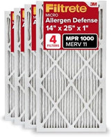 Filtrete 14x25x1 AC Furnace Air Filter, MERV 11, MPR 1000, Micro Allergen Defense, 3-Month Pleated 1-Inch Electrostatic Air Cleaning Filter, 4 Pack (Actual Size 13.81 x 24.81 x 0.81 in)