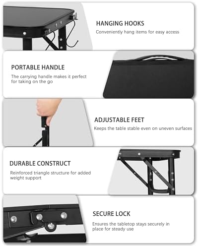 LOFTEY 2024 Reinforced Small Folding Table Portable, Small Foldable Camping Table, Heavy-Duty Mini Folding | Adjustable Height | Lightweight Premium Aluminum with Handle | Black 25"x16.2"x22"