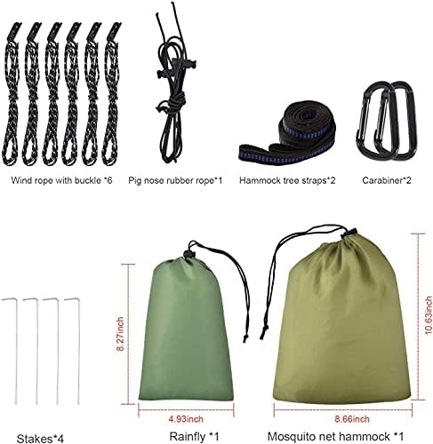 Camping Hammock with Rain Fly Tarp and Mosquito Net Tent Tree Straps, Portable Single Double Nylon Parachute Hammock Rainfly Set for Backpacking Hiking Travel Yard Outdoor Activities Green