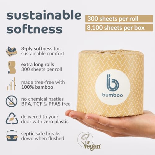 Bumboo Bamboo Toilet Roll 24 Pack | Wrapped Toilet Paper 3 ply, 300 Sheets | Eco Friendly Toilet Paper | Plastic-Free, Soft, Strong, Sustainable & Biodegradable Toilet Tissue