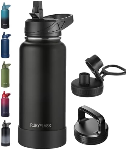 32oz Insulated Water Bottle with Straw, Stainless Steel Metal Vacuum Water Flask, Large Thermos Water bottle with Leakproof 3 Lids for Travel, Camping, Gym Sports Black