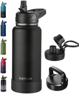 32oz Insulated Water Bottle with Straw, Stainless Steel Metal Vacuum Water Flask, Large Thermos Water bottle with Leakproof 3 Lids for Travel, Camping, Gym Sports Black