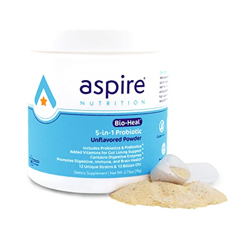 Aspire Nutrition 5-in-1 Bio-Heal® Probiotic for Kids, Men & Women - Best Supplement for Brain Function, Gut Health & Constipation - Shelf Stable & Fortified with Vitamin, Mineral & Prebiotics - Powder