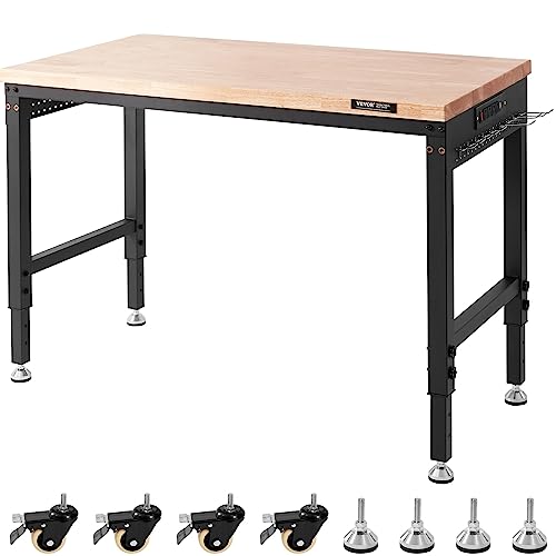 VEVOR Adjustable Workbench, 48" L X 24" W Garage Worktable with Universal Wheels, 28-39.5" Heights & 2000 LBS Load Capacity, with Power Outlets & Hardwood Top & Storage & Foot Pads, for Office Home