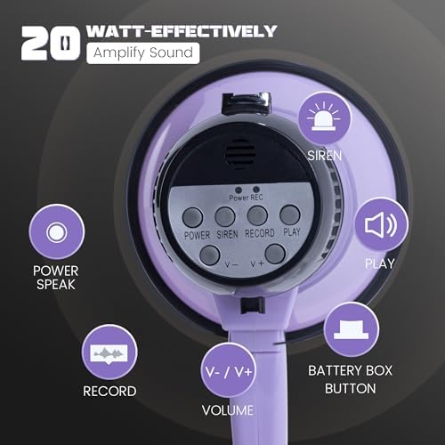MyMealivos Portable Megaphone Bullhorn 20 Watt Power Megaphone Speaker Voice and Siren/Alarm Modes with Volume Control and Strap (Purple)