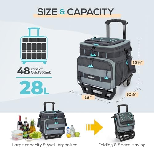 TOURIT Collapsible 48-Can Leak-Proof Insulated Rolling Cooler with All-Terrain Cart, Upgraded Fixtures and New Wheels Suitable for Beach, Picnic, Shopping