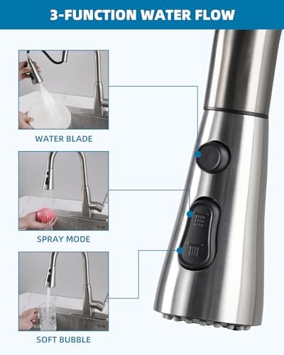 Hygie Rinse Stainless Faucet Head Replacement with 15 Adapters Compatible with Moen/Delta/Kohler Pull Down Kitchen Faucet, 3 Water Modes Kitchen Sink Faucet Sprayer Head, Brushed Nickel Finish