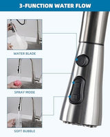 Hygie Rinse Stainless Faucet Head Replacement with 15 Adapters Compatible with Moen/Delta/Kohler Pull Down Kitchen Faucet, 3 Water Modes Kitchen Sink Faucet Sprayer Head, Brushed Nickel Finish