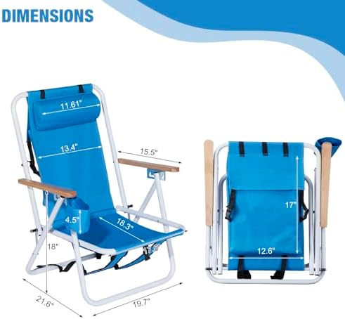 Outvita Folding Beach Chair Adjustable Headrest w/4 Flexible Tilt Angle, Cup Holder Portable High Strength Cleanable Fabric, for Sand Camping Lawn Concert Travel Festival