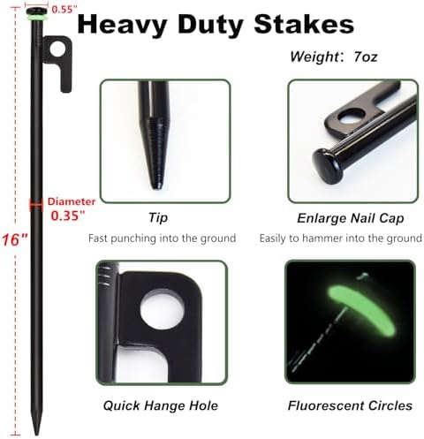 20Pcs Tent Stakes, 16in Heavy Duty Tent Stakes, Dia 0.35" Forged Steel Stakes Heavy Duty for Tent Used on Rocks, Grassland, Snowfield(20Pcs 16in Stakes)