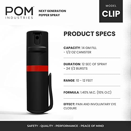 POM Pepper Spray Pocket Clip, Quick Flip Top Safety, Maximum Strength OC Formula with UV Marking Dye, Safe Compact and Tactical Design for Everyday Carry, 25 Bursts, 10 ft Range, 0.5 fl oz