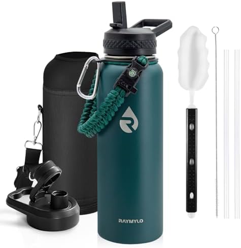 Insulated Water Bottle 40 oz, Triple Wall Vacuum Stainless Steel (Cold for 48 Hrs), Leak Proof & Non-BPA, Modern Water Flask Jug with Paracord Handle & Straw Spout Lids, Dark Green