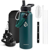 Insulated Water Bottle 40 oz, Triple Wall Vacuum Stainless Steel (Cold for 48 Hrs), Leak Proof & Non-BPA, Modern Water Flask Jug with Paracord Handle & Straw Spout Lids, Dark Green